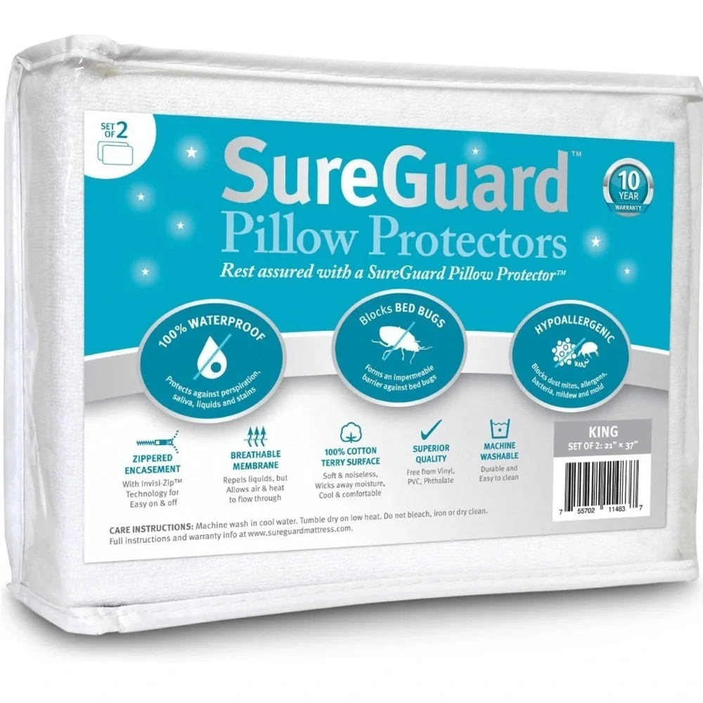 White Hypoallergenic Waterproof Pillow Protectors. Set of 2.